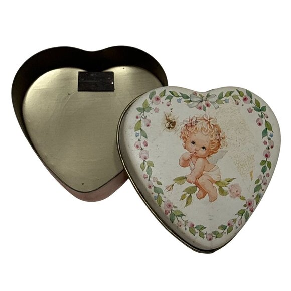 Vtg 1985 Enesco Morehead Heart Shaped Cherub Tin Box Trinket Storage w/ Lid 3.5" - Picture 1 of 16